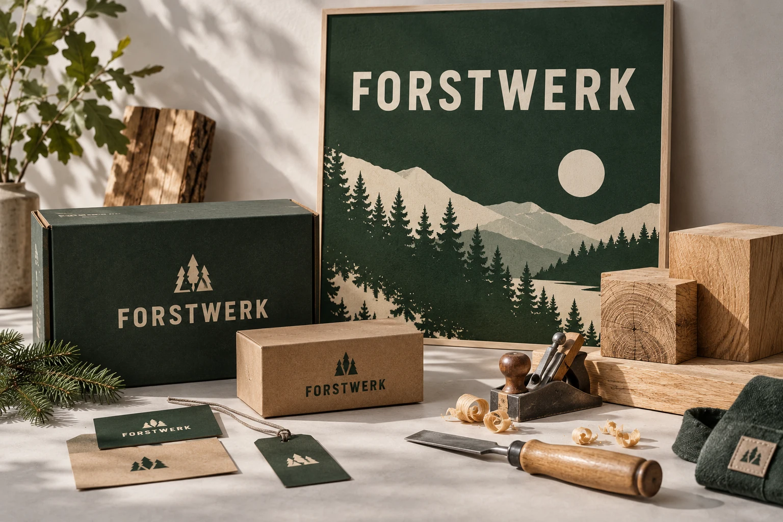 Konzept für FORSTWERK: waldgrüne Markenverpackung, Naturpapier und ein Plakat zwischen Holzmustern und Werkzeug.